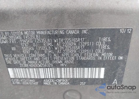 2012 Toyota Rav4 z USA, uszkodzony, nr VIN 2T3BF4DV3CW256329